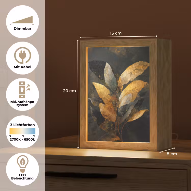 Gouden Bladcompositie – Botanische Luxe Light Box met kabel (Tafellamp) klein -USP_DE