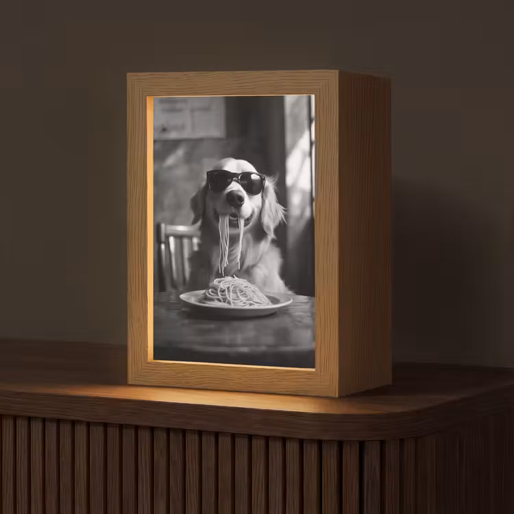 Golden Retriever - Hond - Vrolijk - Bord spaghetti - Zwart - wit Light Box met kabel (Tafellamp) klein -z3d_website