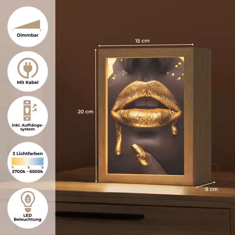 Gouden lippen - Gezicht - Vrouw - Modern Light Box met kabel (Tafellamp) klein -USP_DE