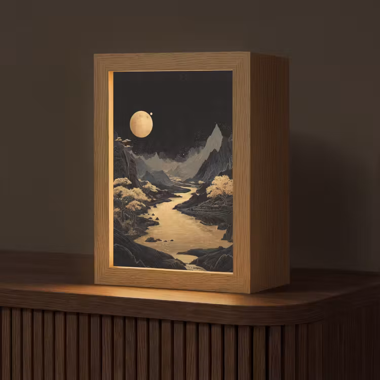 Gouden rivier - Bergen - Maan - Sterrenhemel Light Box met kabel (Tafellamp) klein -z3d_website