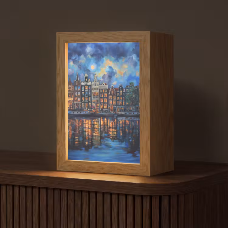 Grachten Amsterdam - Huizen - Stad - Kleurrijk Light Box met kabel (Tafellamp) klein -z3d_website