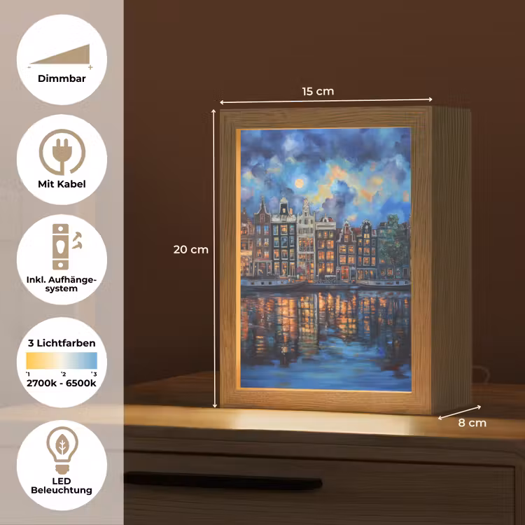 Grachten Amsterdam - Huizen - Stad - Kleurrijk Light Box met kabel (Tafellamp) klein -USP_DE