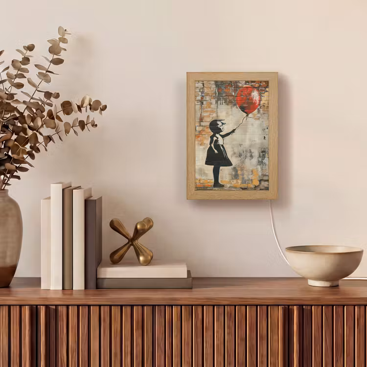 Graffiti - Banksy Style - Meisje met ballon Light Box met kabel (Tafellamp) klein -sfeer2