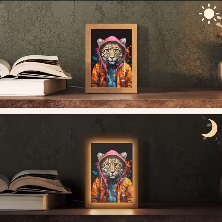 Graffiti - Luipaard - Zwart - Jas Light Box met kabel (Tafellamp) klein -sfeer3
