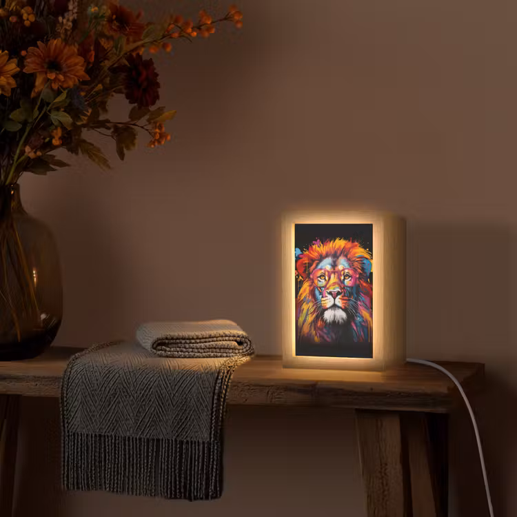 Graffiti - Leeuw - Bril - Zwart - Kleurrijk Light Box met kabel (Tafellamp) klein -sfeer4