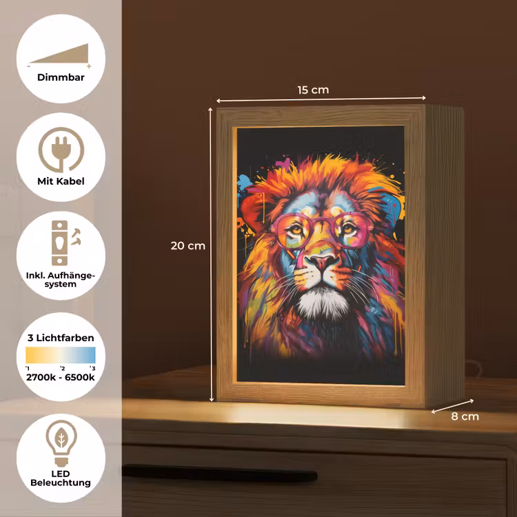 Graffiti - Leeuw - Bril - Zwart - Kleurrijk Light Box met kabel (Tafellamp) klein -USP_DE