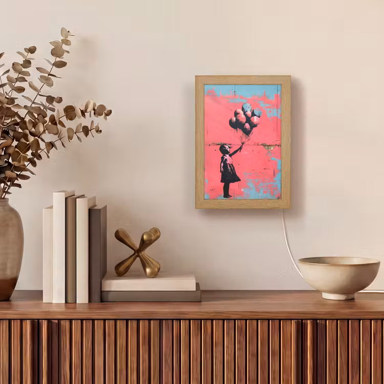 Graffiti - Meisje - Ballon - Roze - Blauw - Street art Light Box met kabel (Tafellamp) klein -sfeer2