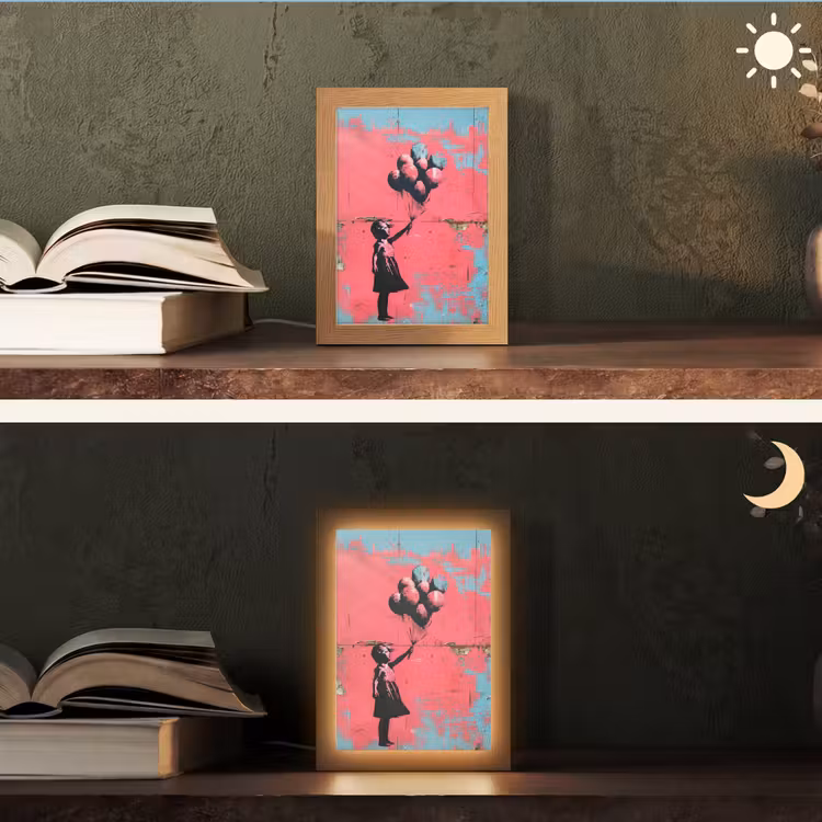 Graffiti - Meisje - Ballon - Roze - Blauw - Street art Light Box met kabel (Tafellamp) klein -sfeer3