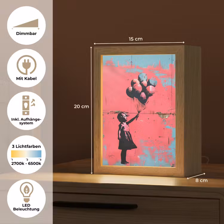 Graffiti - Meisje - Ballon - Roze - Blauw - Street art Light Box met kabel (Tafellamp) klein -USP_DE