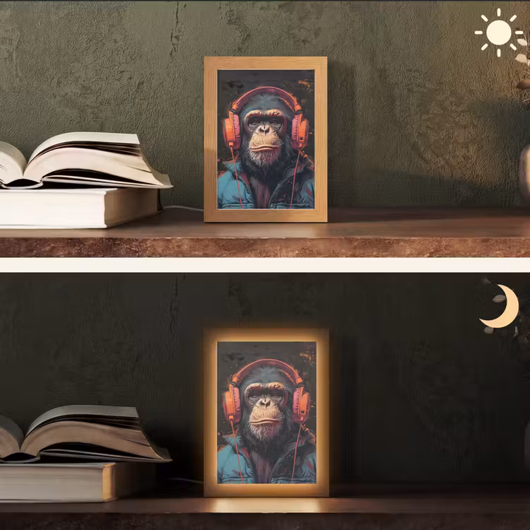 Graffiti - Chimpansee - Koptelefoon - Aap Light Box met kabel (Tafellamp) klein -sfeer3
