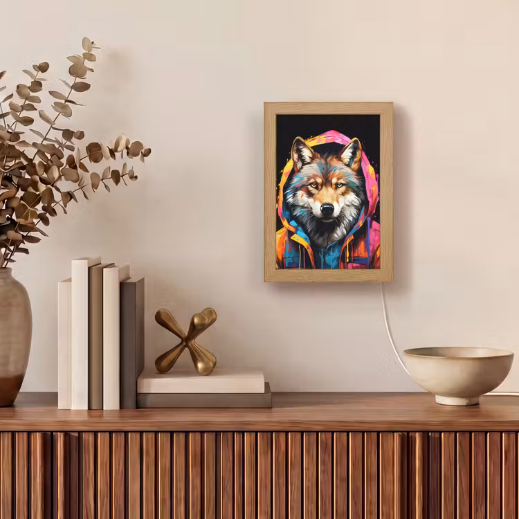 Graffiti - Wolf - Jas - Zwart Light Box met kabel (Tafellamp) klein -sfeer2