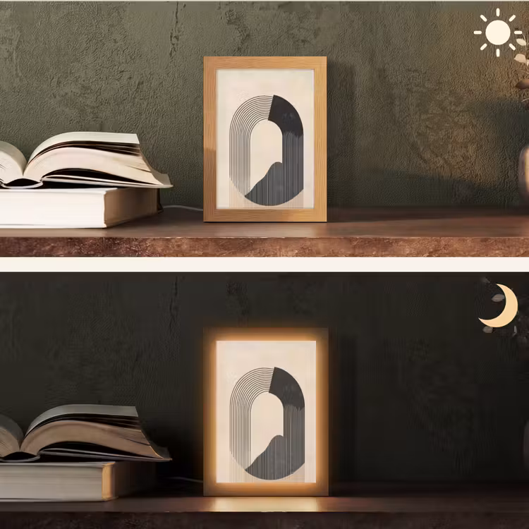 Grafisch gebogen motief - Beige Light Box met kabel (Tafellamp) klein -sfeer3