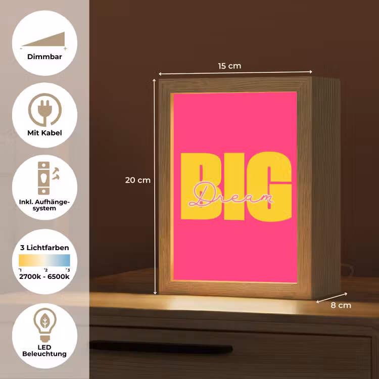 Dream big - Roze - Geel - Minimalistisch Light Box met kabel (Tafellamp) klein -USP_DE