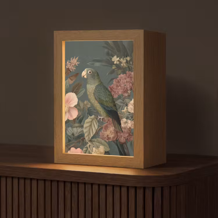 Groene papegaai - Kleurrijke bloemen - Donkere achtergrond Light Box met kabel (Tafellamp) klein -z3d_website