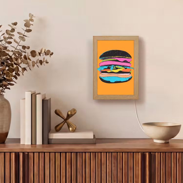 Hamburger - Kleurrijk - Speels Light Box met kabel (Tafellamp) klein -sfeer2