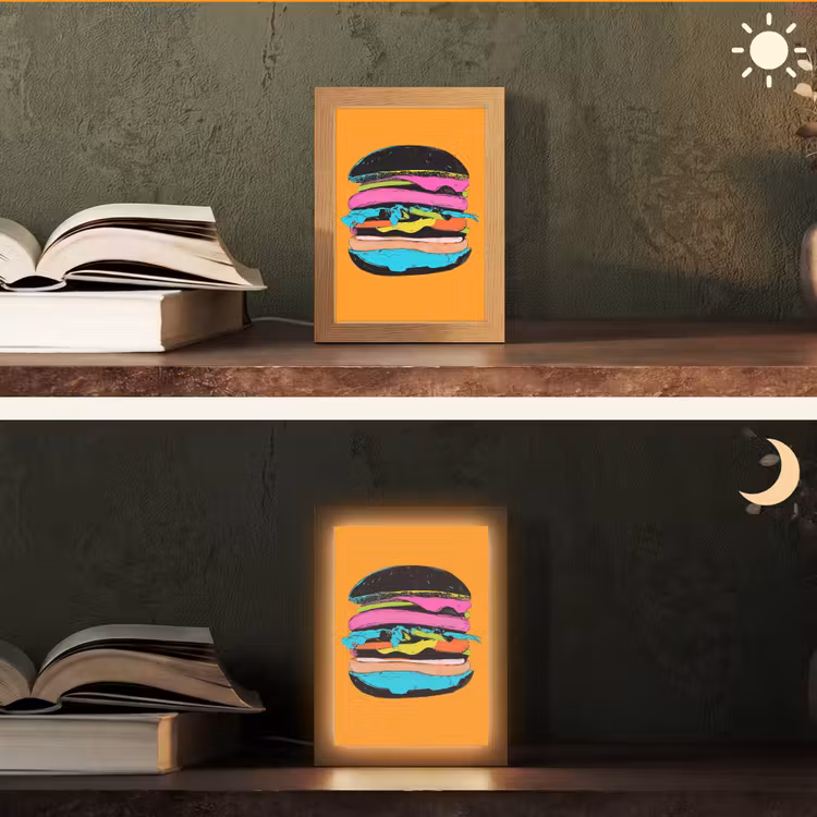 Hamburger - Kleurrijk - Speels Light Box met kabel (Tafellamp) klein -sfeer3
