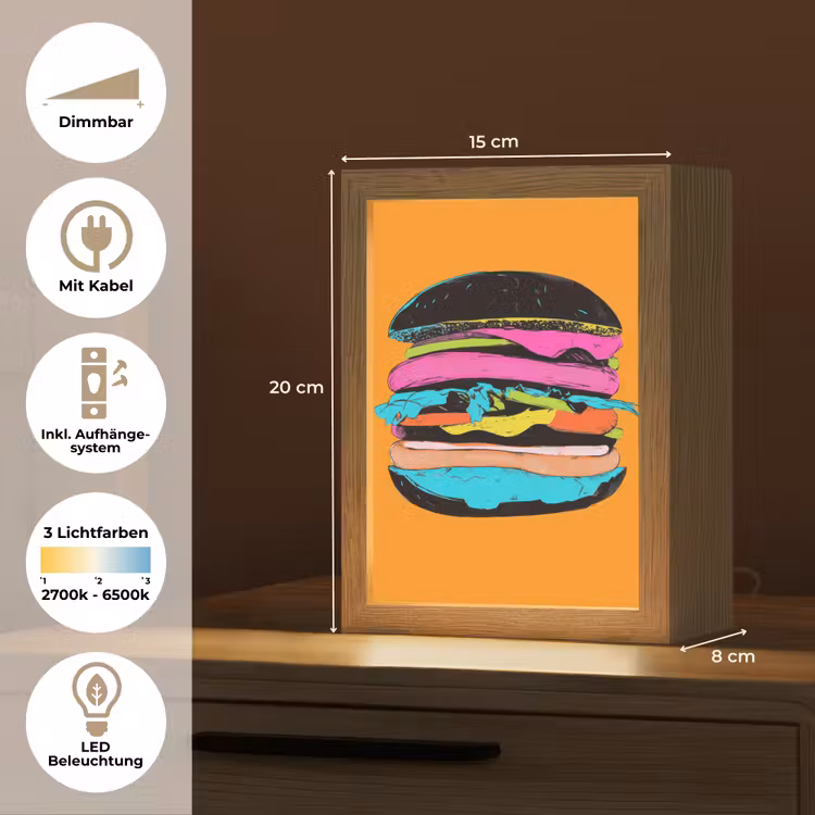 Hamburger - Kleurrijk - Speels Light Box met kabel (Tafellamp) klein -USP_DE