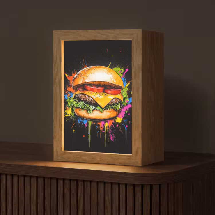 Hamburger - Graffiti - Verf - Kleurrijk - Eten - Abstract Light Box met kabel (Tafellamp) klein -z3d_website