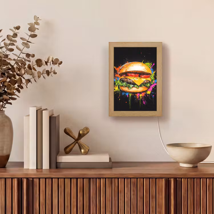 Hamburger - Graffiti - Verf - Kleurrijk - Eten - Abstract Light Box met kabel (Tafellamp) klein -sfeer2