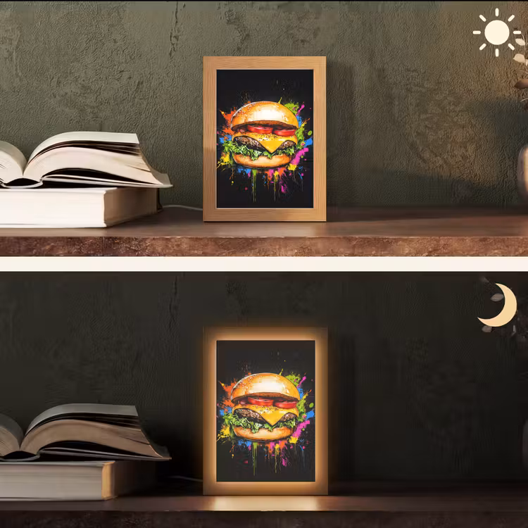 Hamburger - Graffiti - Verf - Kleurrijk - Eten - Abstract Light Box met kabel (Tafellamp) klein -sfeer3