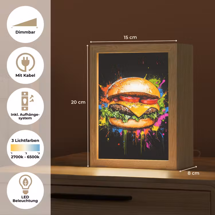Hamburger - Graffiti - Verf - Kleurrijk - Eten - Abstract Light Box met kabel (Tafellamp) klein -USP_DE