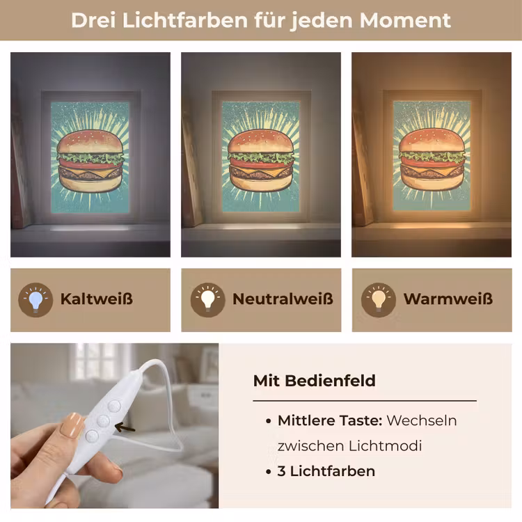 Hamburger - Illustratie - Sla - Kaas Light Box met kabel (Tafellamp) klein -USP_lichtkleurDE