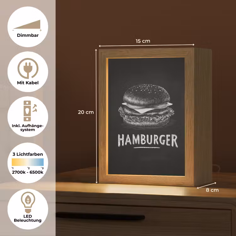 Hamburger - Krijttekst - Zwart - Wit Light Box met kabel (Tafellamp) klein -USP_DE
