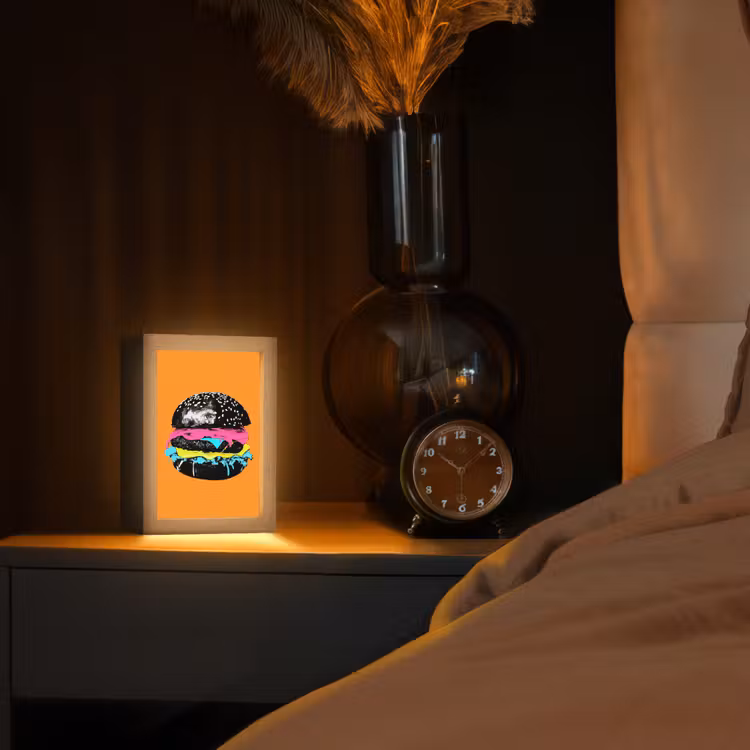 Hamburger - Oranje - Neon - popart Light Box met kabel (Tafellamp) klein -sfeer1