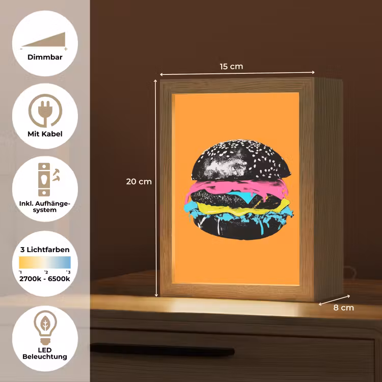 Hamburger - Oranje - Neon - popart Light Box met kabel (Tafellamp) klein -USP_DE