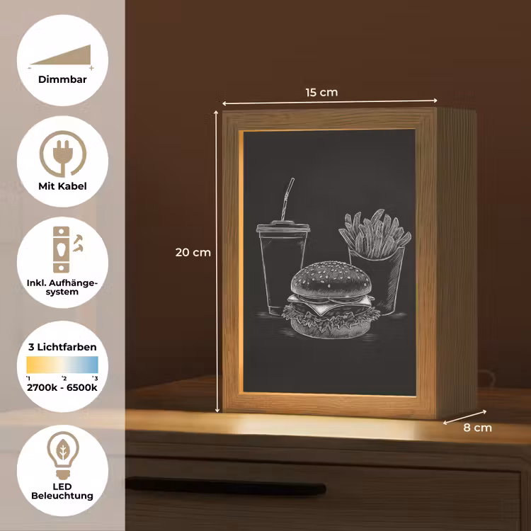 Hamburger - Friet - Frisdrank - Krijttekening Light Box met kabel (Tafellamp) klein -USP_DE