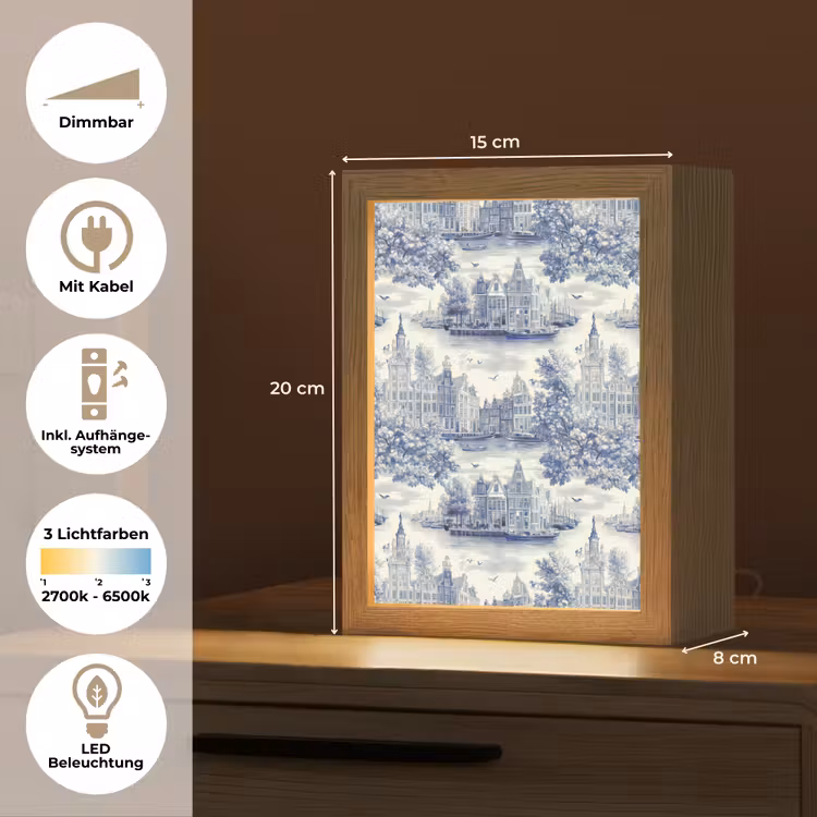 Huizen - Bomen - Water - Vogels - Blauw Light Box met kabel (Tafellamp) klein 925 -USP_DE