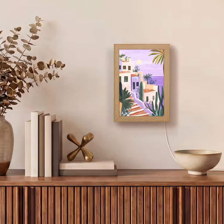 Huizen - Minimalistisch - Palmbomen - Kust Light Box met kabel (Tafellamp) klein -sfeer2