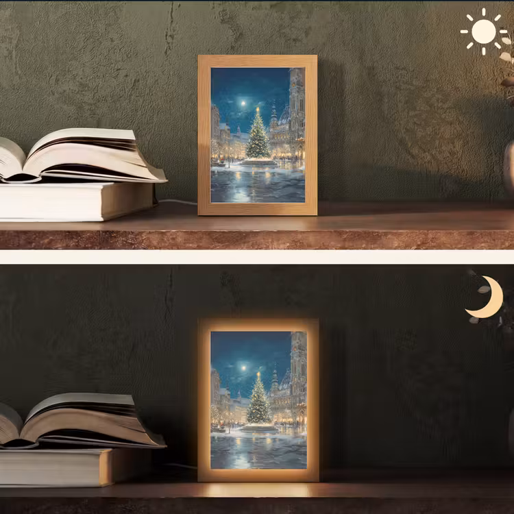 Kerstnacht - Stadsplein - Meerkleurig Light Box met kabel (Tafellamp) klein -sfeer3