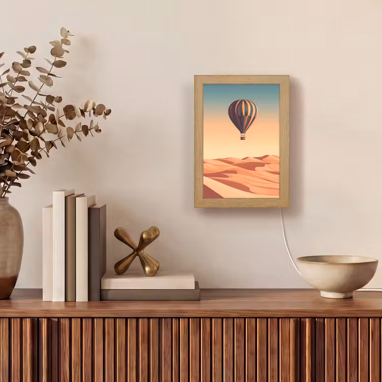 Luchtballon - Woestijn - Zonsondergang - Blauw Light Box met kabel (Tafellamp) klein -sfeer2