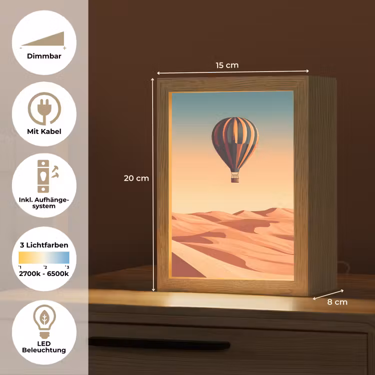 Luchtballon - Woestijn - Zonsondergang - Blauw Light Box met kabel (Tafellamp) klein -USP_DE
