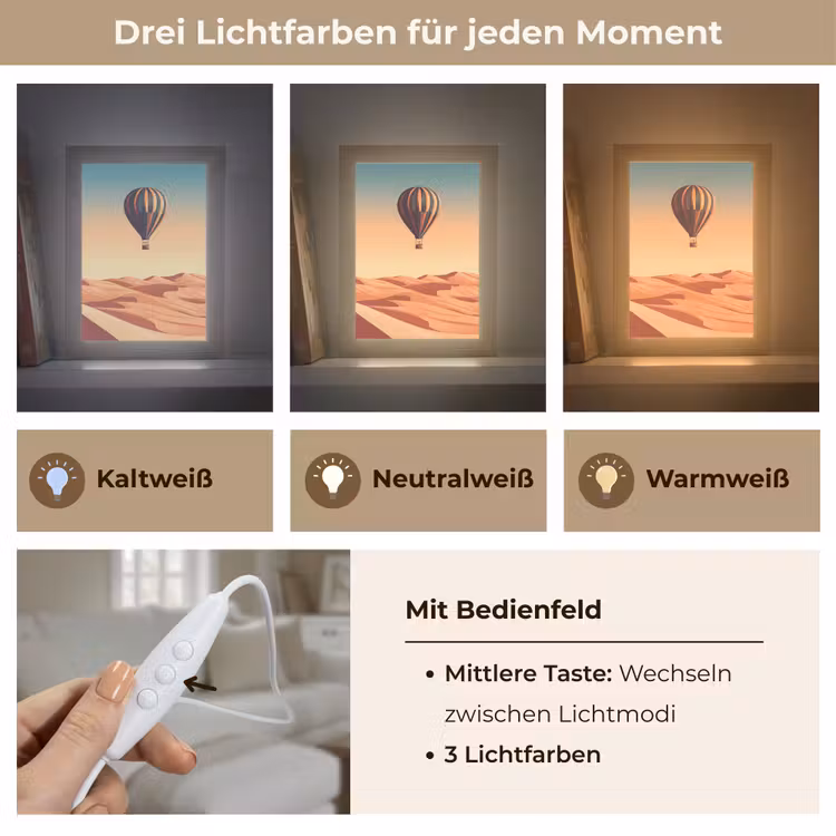 Luchtballon - Woestijn - Zonsondergang - Blauw Light Box met kabel (Tafellamp) klein -USP_lichtkleurDE