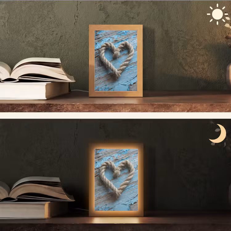 Hart - Touw - Hout - Rustiek Light Box met kabel (Tafellamp) klein -sfeer3
