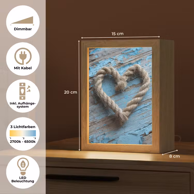 Hart - Touw - Hout - Rustiek Light Box met kabel (Tafellamp) klein -USP_DE