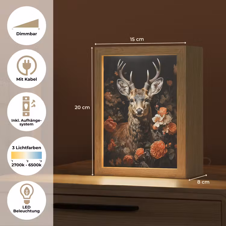 Hert - Dier - Bloemen - Natuur - Botanisch Light Box met kabel (Tafellamp) klein -USP_DE