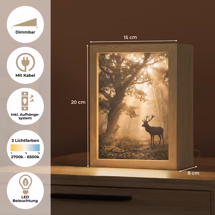 Hert - Bos - Mistig - Natuur - Goud Light Box met kabel (Tafellamp) klein -USP_DE