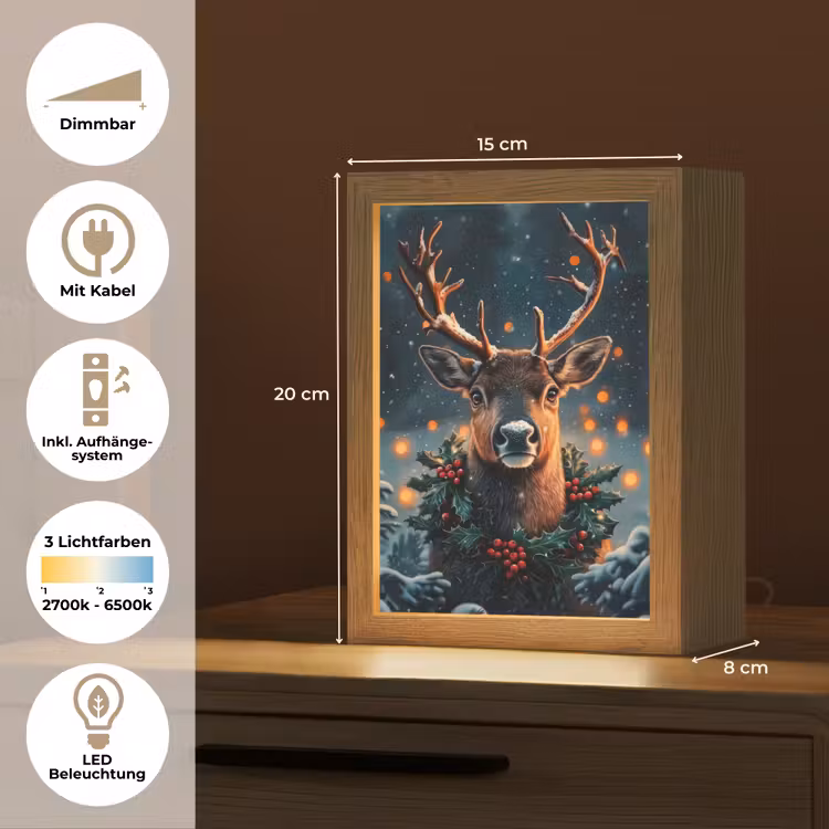 Hert - Kerst - Winter - Sneeuw - Kerstkrans Light Box met kabel (Tafellamp) klein -USP_DE