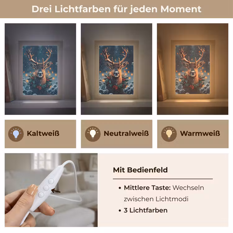 Hert - Kerst - Winter - Sneeuw - Kerstkrans Light Box met kabel (Tafellamp) klein -USP_lichtkleurDE