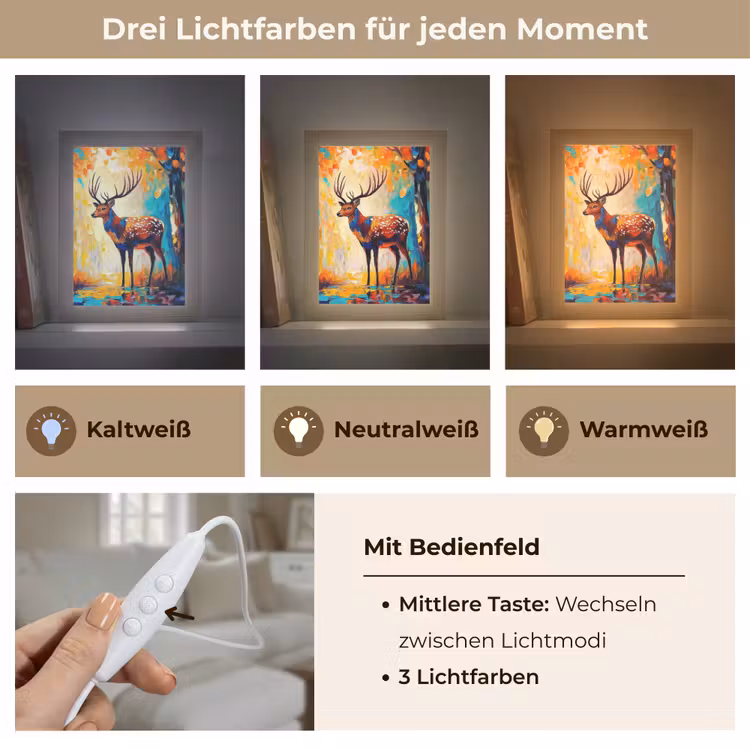Hert - Bosdieren - Natuur - Kunst Light Box met kabel (Tafellamp) klein -USP_lichtkleurDE