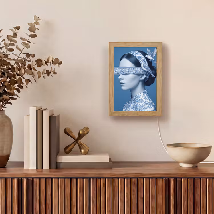 Portret - Klassiek - Wit - Blauw Light Box met kabel (Tafellamp) klein -sfeer2