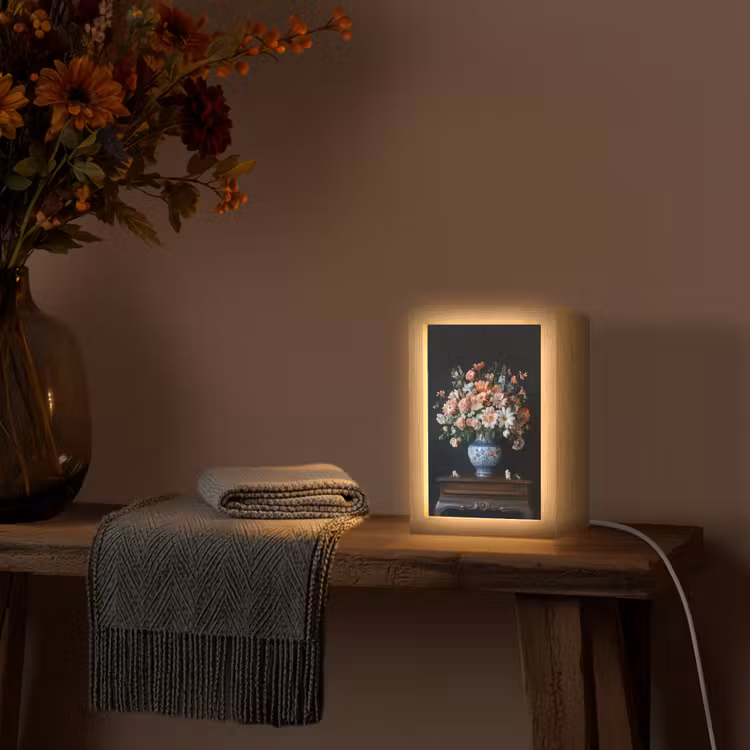 Hout - Vaas - Kleuren - Bloemen Light Box met kabel (Tafellamp) klein -sfeer4