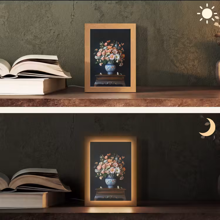 Hout - Vaas - Kleuren - Bloemen Light Box met kabel (Tafellamp) klein -sfeer3