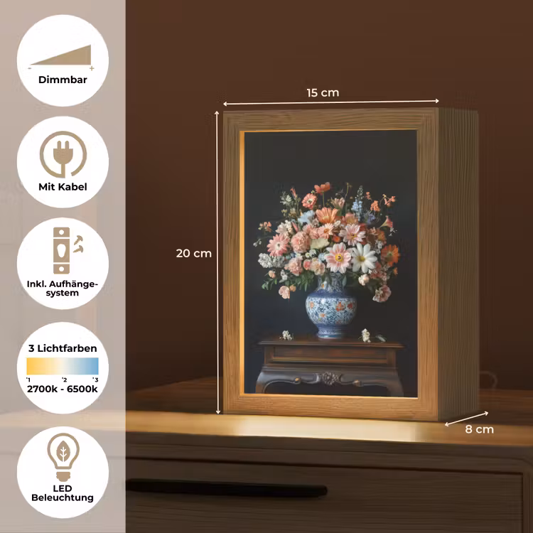 Hout - Vaas - Kleuren - Bloemen Light Box met kabel (Tafellamp) klein -USP_DE