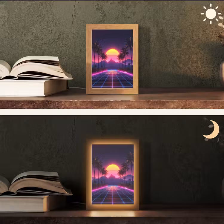 Horizon - Palmbomen - Bergen - Geel Light Box met kabel (Tafellamp) klein -sfeer3