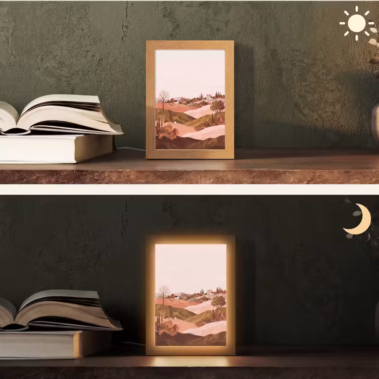 Heuvellandschap - Grafisch - Terracotta Light Box met kabel (Tafellamp) klein -sfeer3