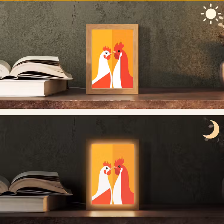 Kippen - Oranje - Vlakken Light Box met kabel (Tafellamp) klein -sfeer3